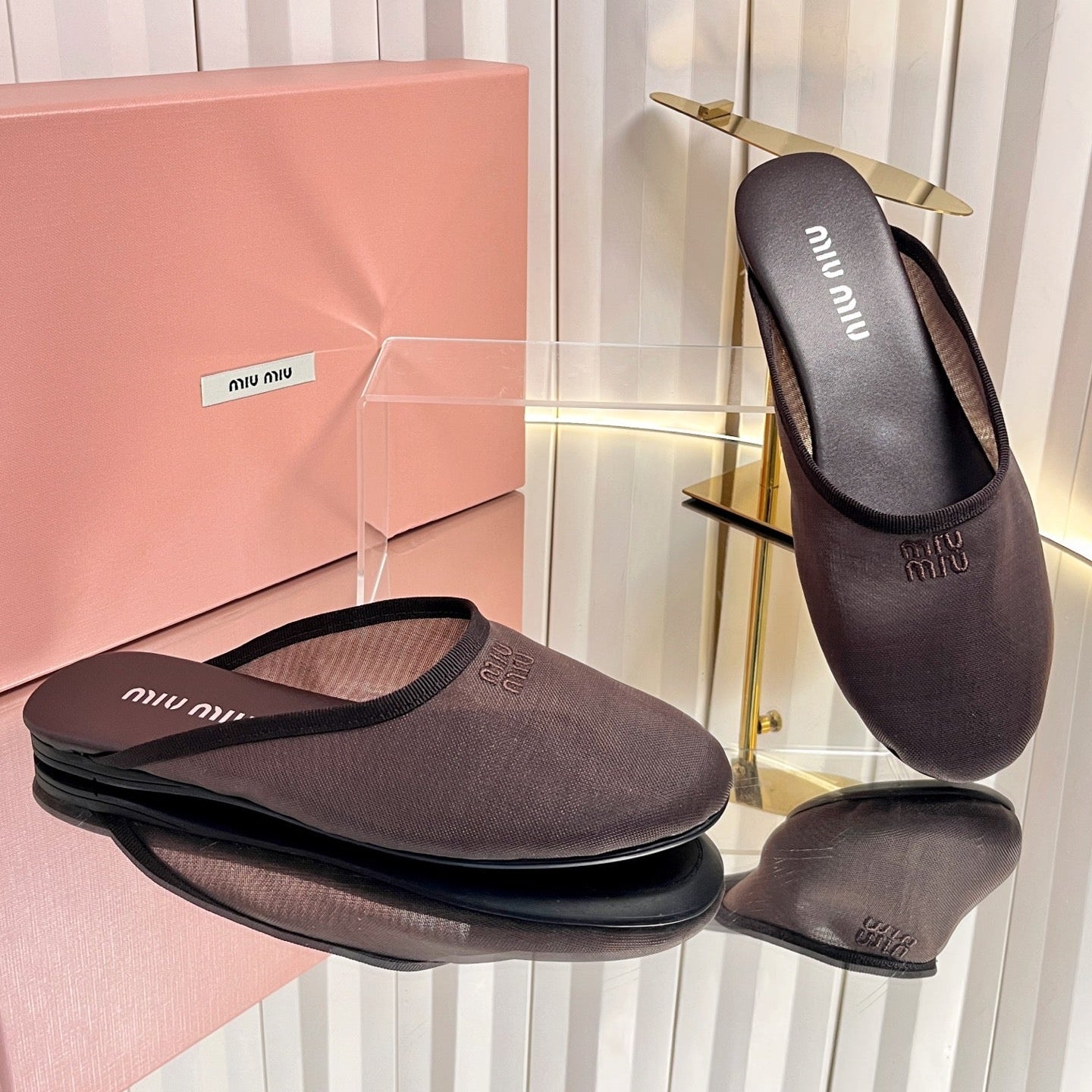 MIUMIU 26S FLAT MULES IN CHOCOLATE BROWN FABRIC AND LEATHER 