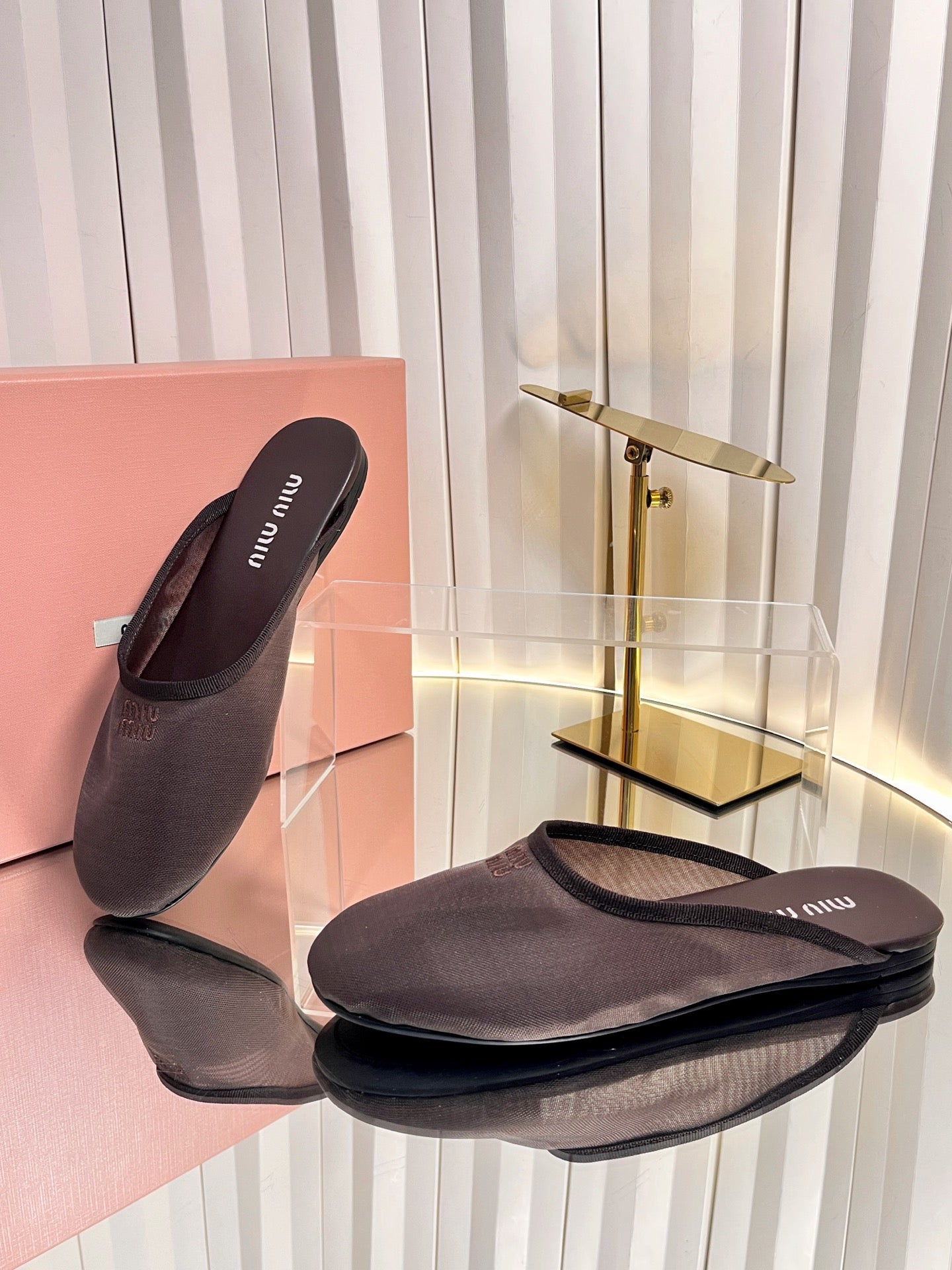 MIUMIU 26S FLAT MULES IN CHOCOLATE BROWN FABRIC AND LEATHER 