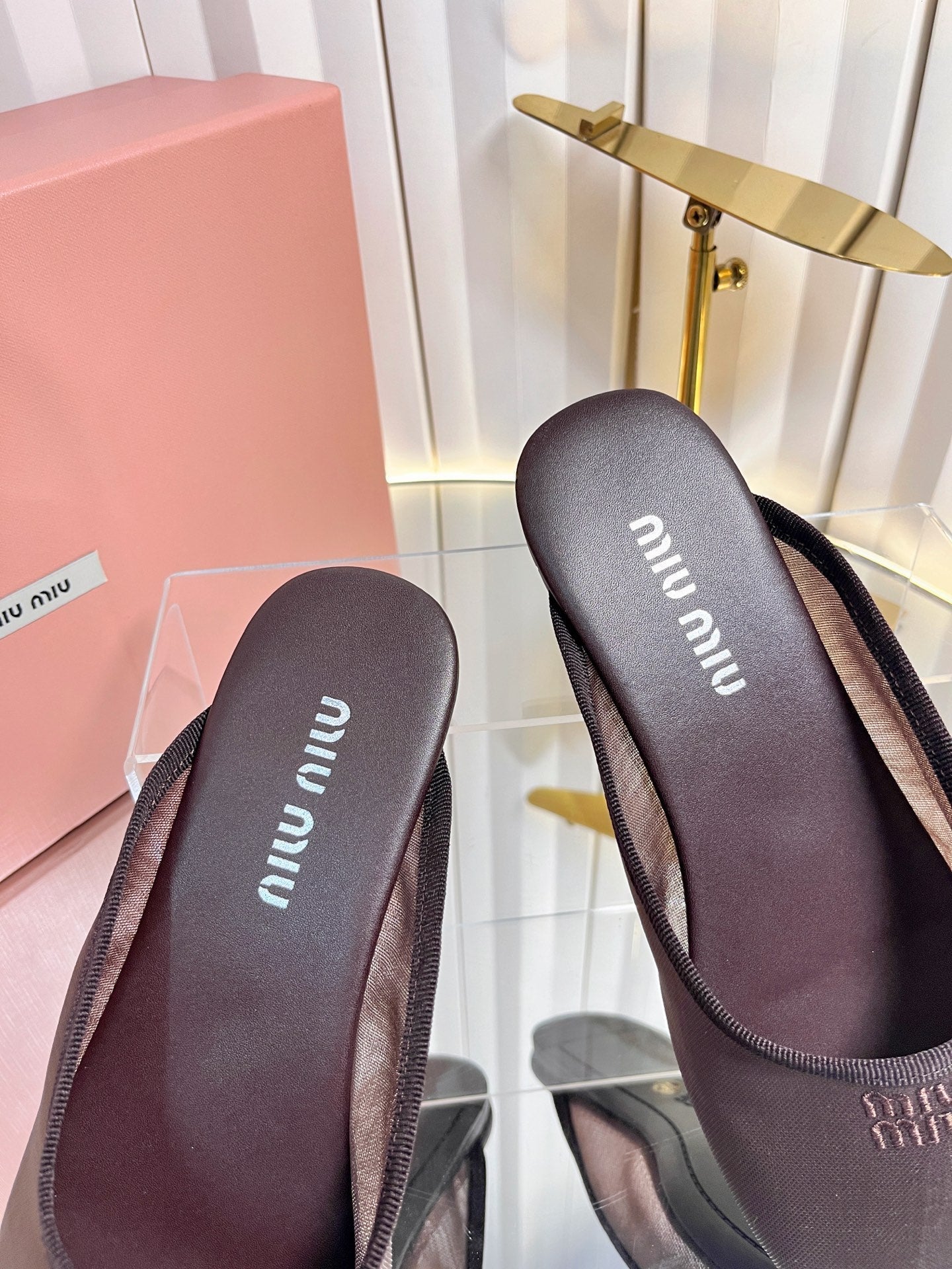 MIUMIU 26S FLAT MULES IN CHOCOLATE BROWN FABRIC AND LEATHER 