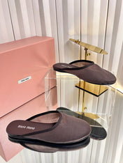 MIUMIU 26S FLAT MULES IN CHOCOLATE BROWN FABRIC AND LEATHER 