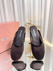 MIUMIU 26S FLAT MULES IN CHOCOLATE BROWN FABRIC AND LEATHER 