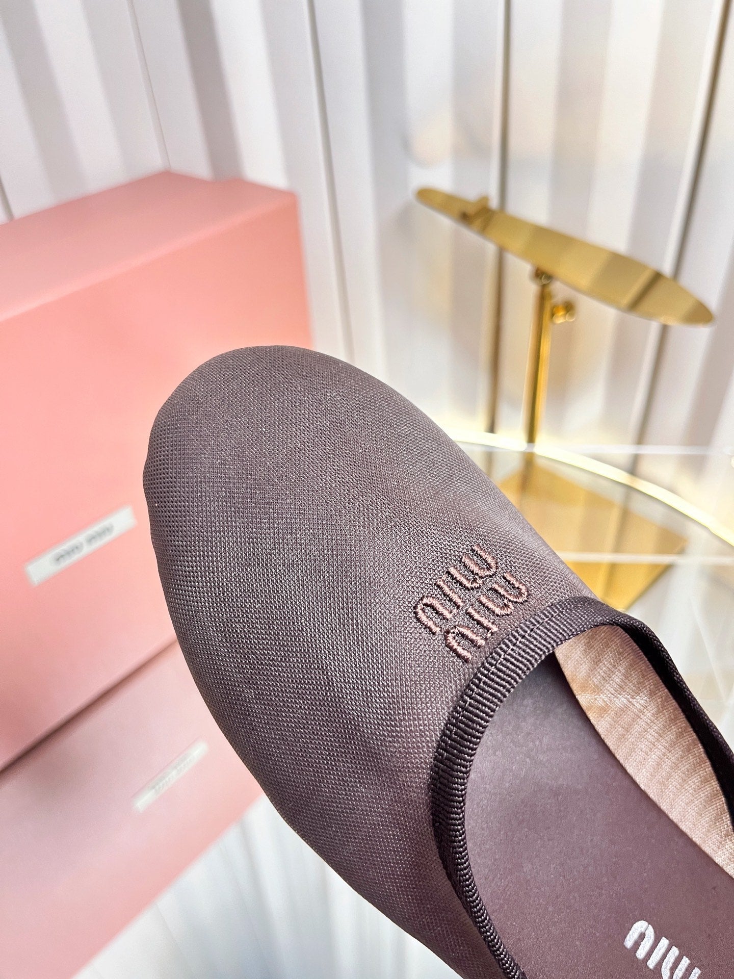 MIUMIU 26S FLAT MULES IN CHOCOLATE BROWN FABRIC AND LEATHER 