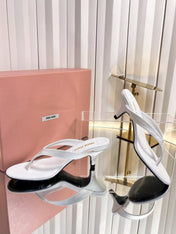 MIUMIU 26S THONG HEELED SANDALS 50 MM IN WHITE LAMBSKIN AND SATIN