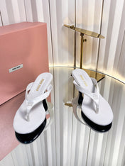 MIUMIU 26S THONG HEELED SANDALS 50 MM IN WHITE LAMBSKIN AND SATIN