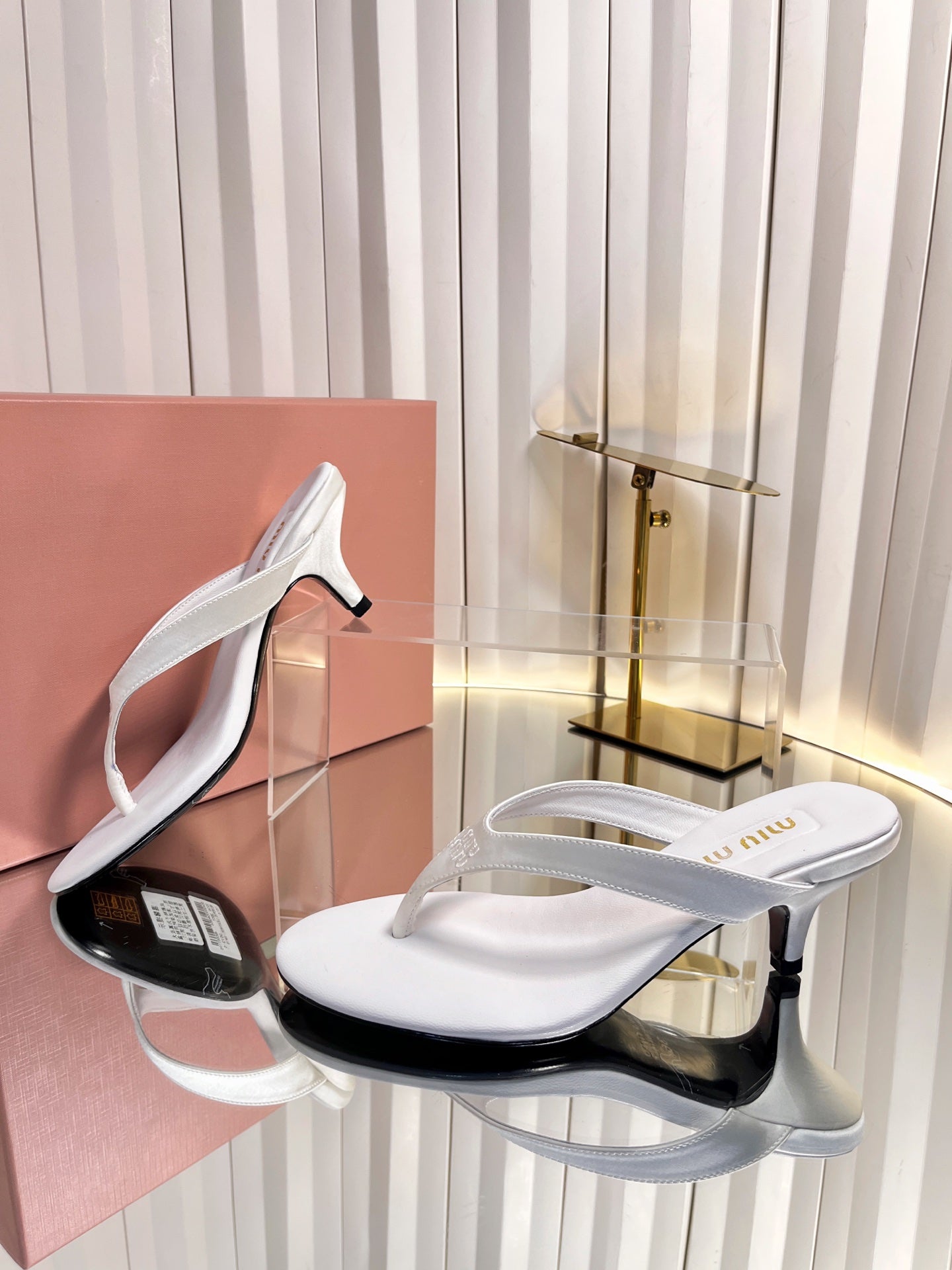 MIUMIU 26S THONG HEELED SANDALS 50 MM IN WHITE LAMBSKIN AND SATIN
