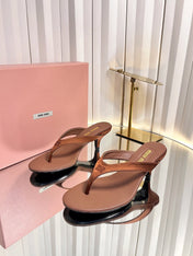 MIUMIU 26S THONG HEELED SANDALS 50 MM IN BROWN LAMBSKIN AND SATIN