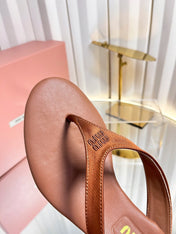 MIUMIU 26S THONG HEELED SANDALS 50 MM IN BROWN LAMBSKIN AND SATIN