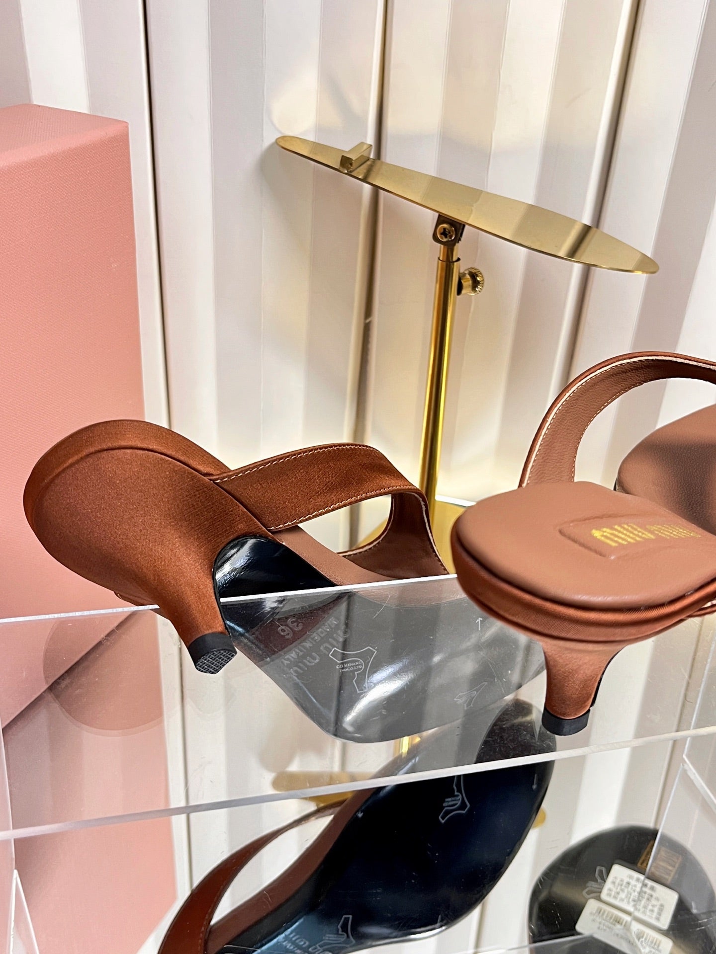 MIUMIU 26S THONG HEELED SANDALS 50 MM IN BROWN LAMBSKIN AND SATIN