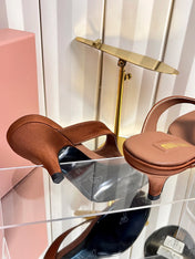 MIUMIU 26S THONG HEELED SANDALS 50 MM IN BROWN LAMBSKIN AND SATIN