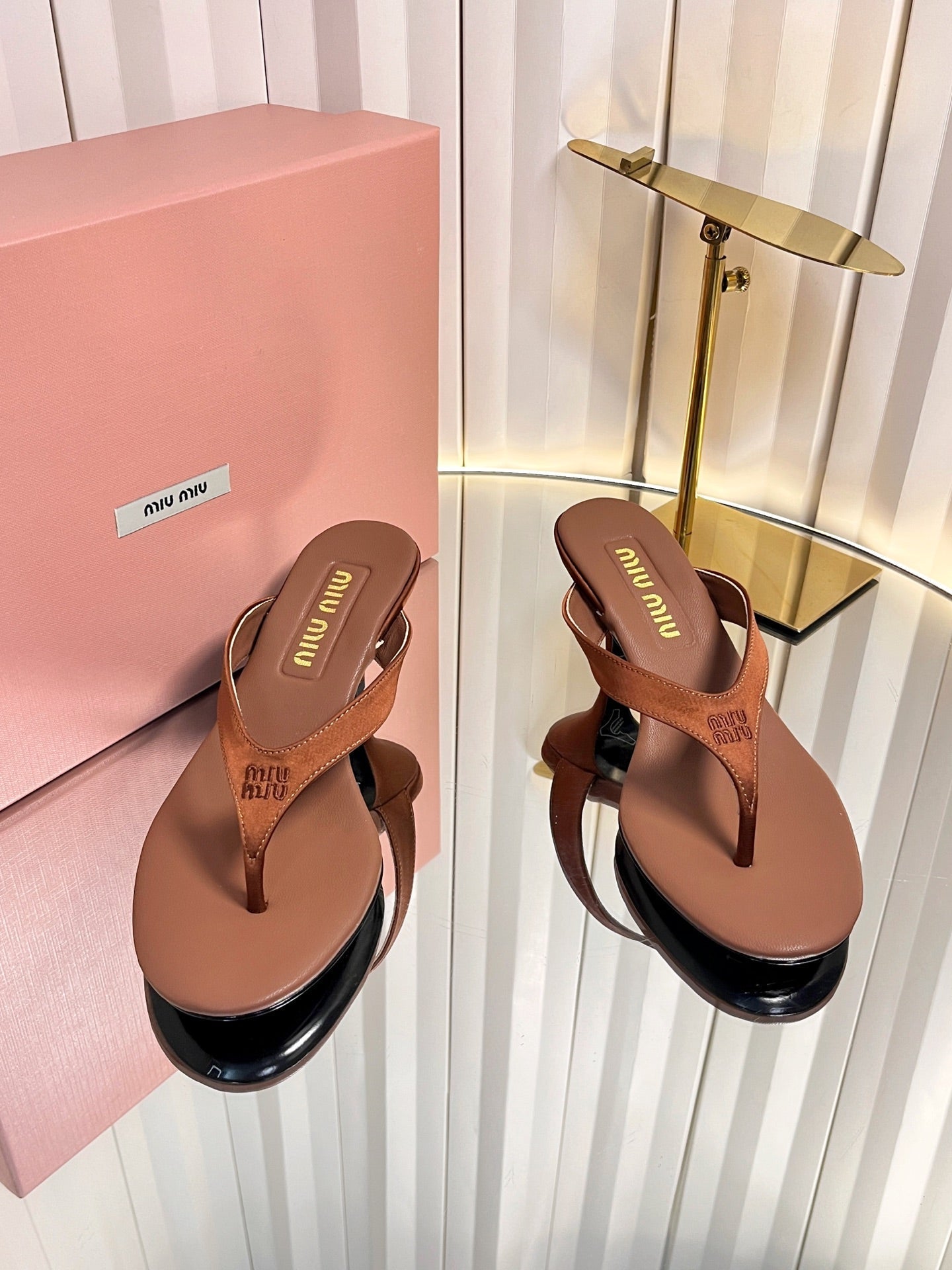 MIUMIU 26S THONG HEELED SANDALS 50 MM IN BROWN LAMBSKIN AND SATIN