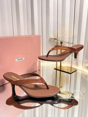 MIUMIU 26S THONG HEELED SANDALS 50 MM IN BROWN LAMBSKIN AND SATIN