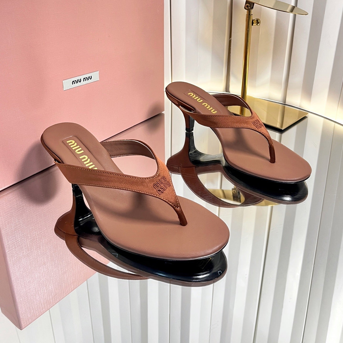 MIUMIU 26S THONG HEELED SANDALS 50 MM IN BROWN LAMBSKIN AND SATIN