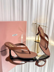 MIUMIU 26S THONG HEELED SANDALS 50 MM IN BROWN LAMBSKIN AND SATIN