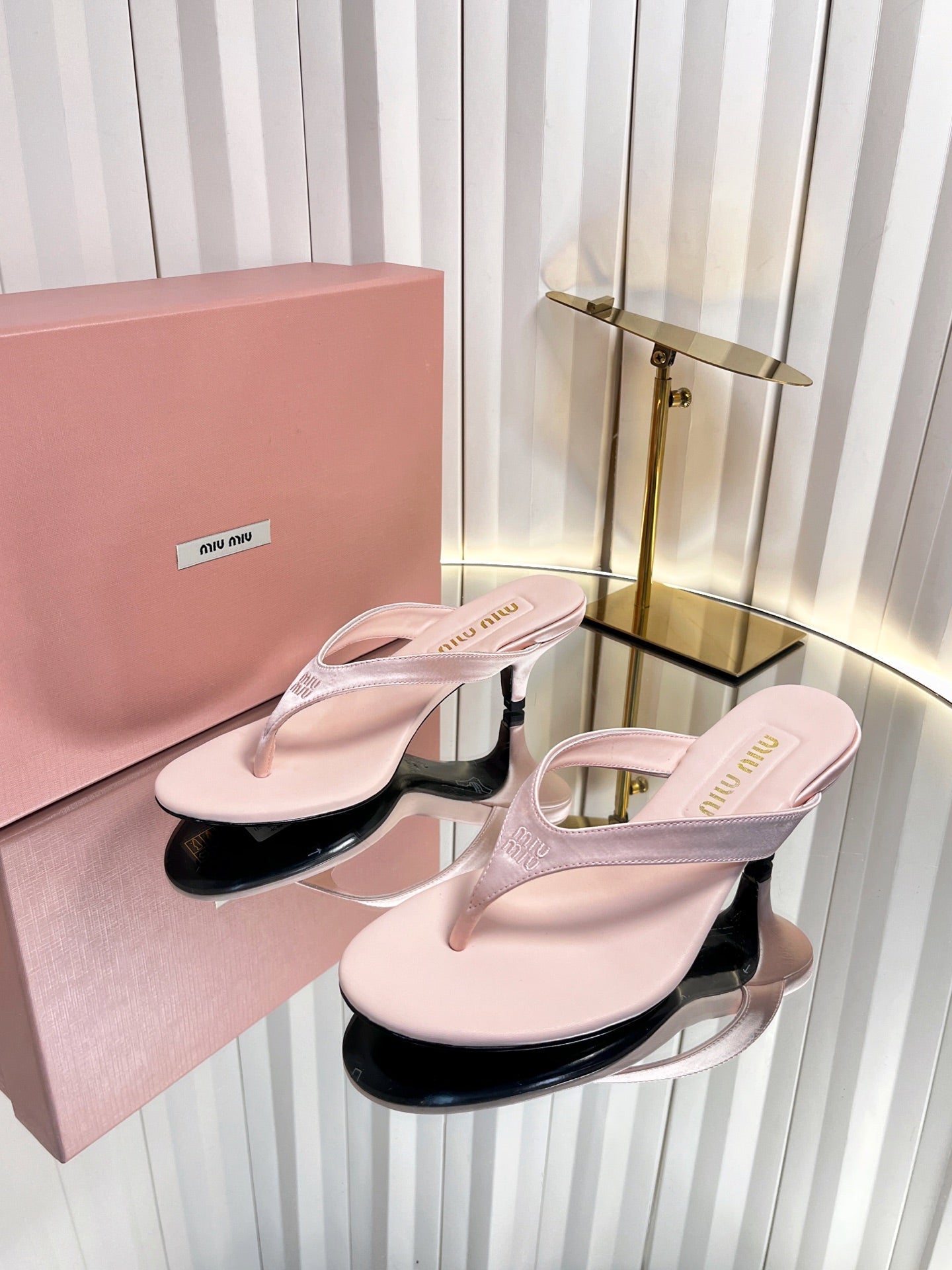MIUMIU 26S THONG HEELED SANDALS 50 MM IN LIGHT PINK LAMBSKIN AND SATIN