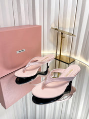 MIUMIU 26S THONG HEELED SANDALS 50 MM IN LIGHT PINK LAMBSKIN AND SATIN