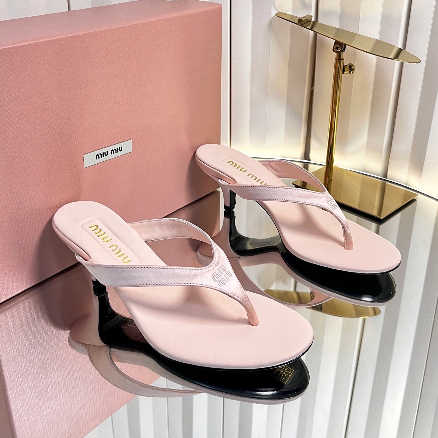 MIUMIU 26S THONG HEELED SANDALS 50 MM IN LIGHT PINK LAMBSKIN AND SATIN