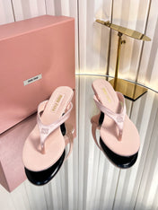 MIUMIU 26S THONG HEELED SANDALS 50 MM IN LIGHT PINK LAMBSKIN AND SATIN