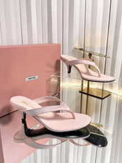 MIUMIU 26S THONG HEELED SANDALS 50 MM IN LIGHT PINK LAMBSKIN AND SATIN
