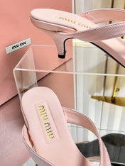 MIUMIU 26S THONG HEELED SANDALS 50 MM IN LIGHT PINK LAMBSKIN AND SATIN