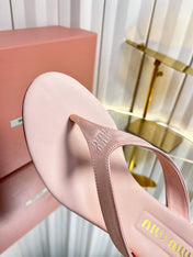 MIUMIU 26S THONG HEELED SANDALS 50 MM IN LIGHT PINK LAMBSKIN AND SATIN