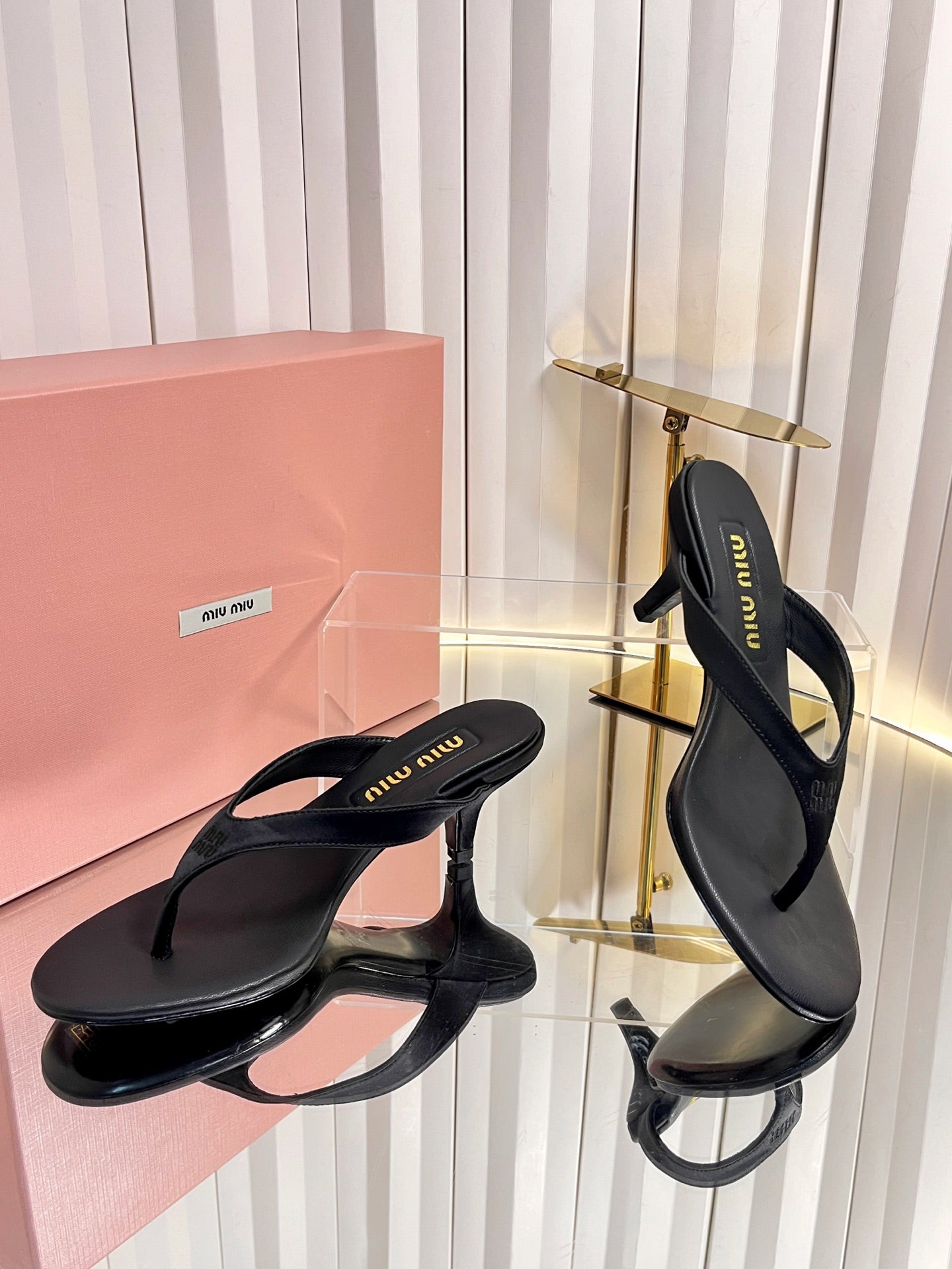 MIUMIU 26S THONG HEELED SANDALS 50 MM IN BLACK LAMBSKIN AND SATIN