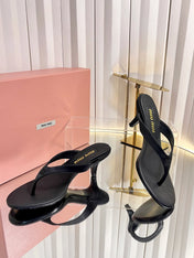 MIUMIU 26S THONG HEELED SANDALS 50 MM IN BLACK LAMBSKIN AND SATIN