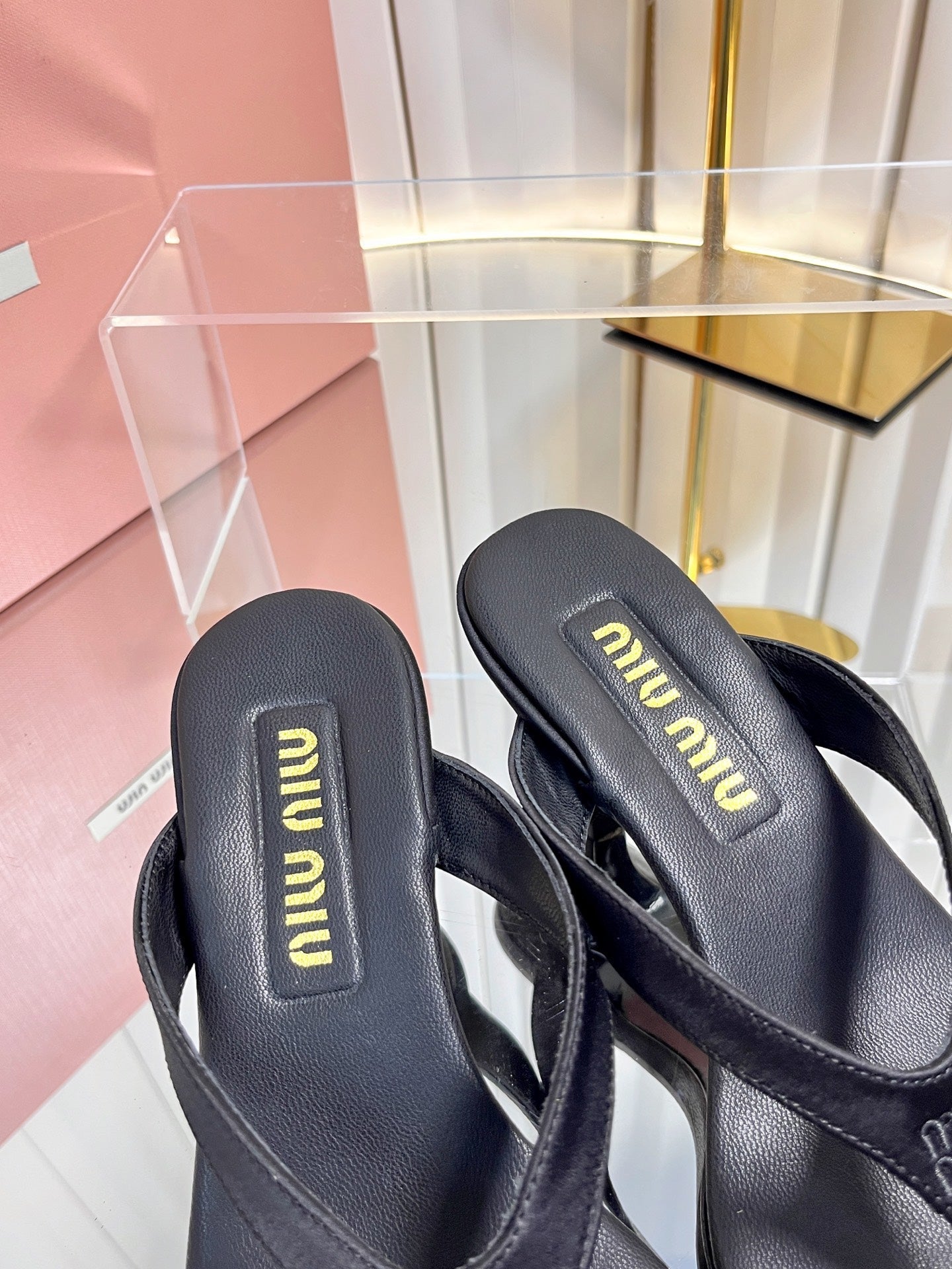 MIUMIU 26S THONG HEELED SANDALS 50 MM IN BLACK LAMBSKIN AND SATIN