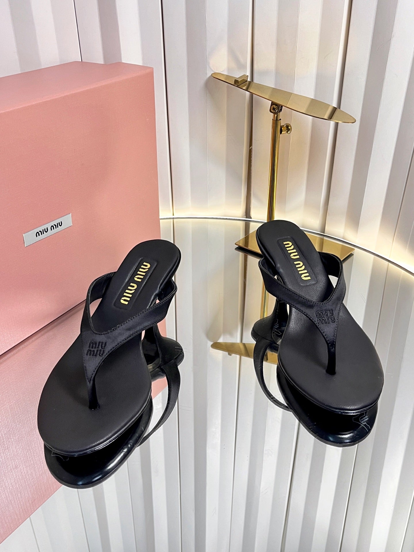 MIUMIU 26S THONG HEELED SANDALS 50 MM IN BLACK LAMBSKIN AND SATIN