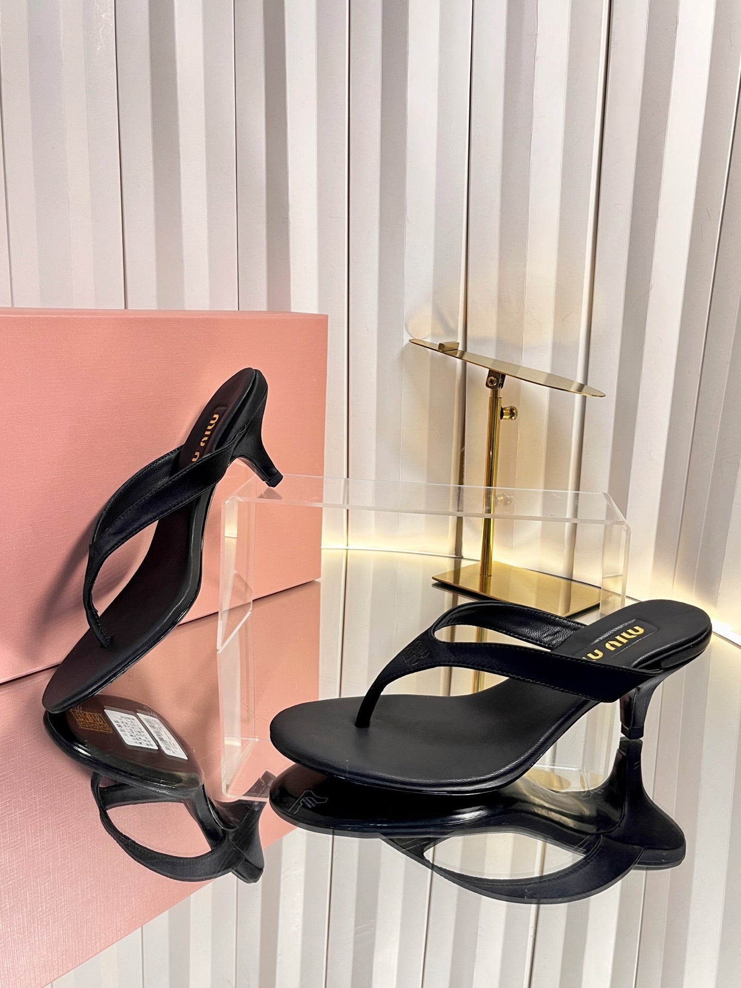 MIUMIU 26S THONG HEELED SANDALS 50 MM IN BLACK LAMBSKIN AND SATIN