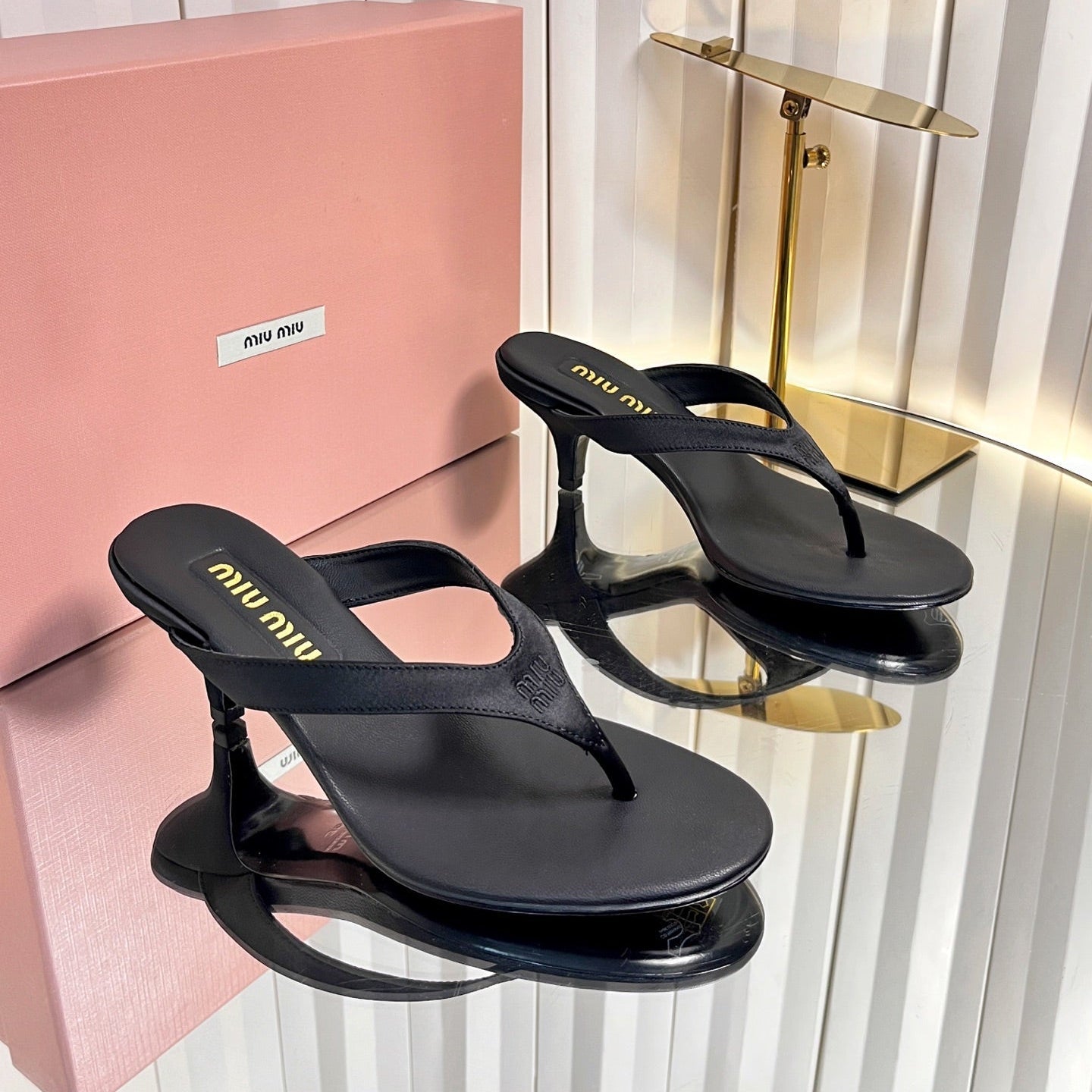 MIUMIU 26S THONG HEELED SANDALS 50 MM IN BLACK LAMBSKIN AND SATIN