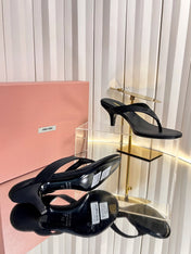 MIUMIU 26S THONG HEELED SANDALS 50 MM IN BLACK LAMBSKIN AND SATIN