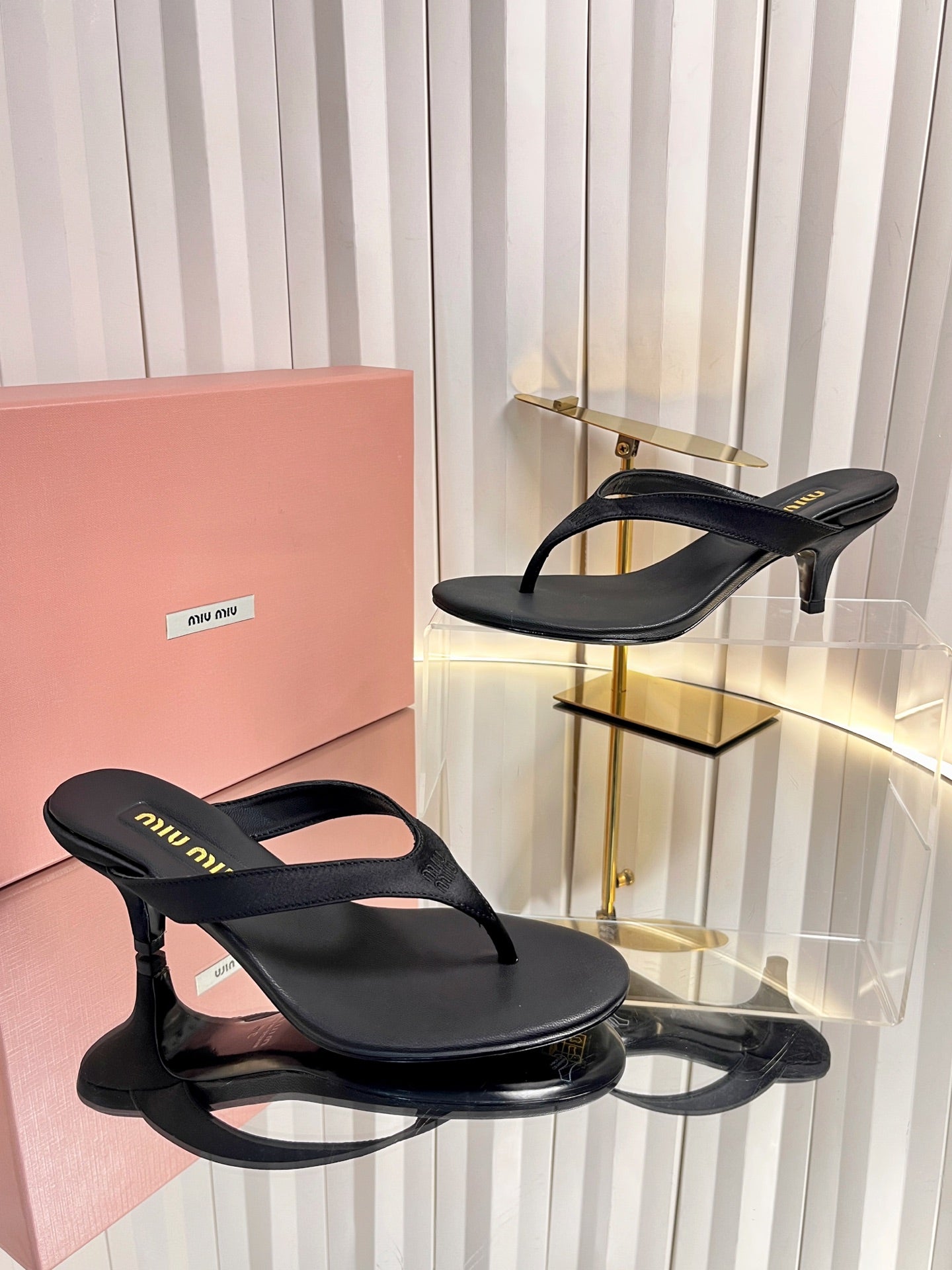 MIUMIU 26S THONG HEELED SANDALS 50 MM IN BLACK LAMBSKIN AND SATIN
