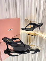 MIUMIU 26S THONG HEELED SANDALS 50 MM IN BLACK LAMBSKIN AND SATIN