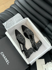 HIGH SLINGBACK IN BLACK MIX WHITE TWEED AND LAMBSKIN