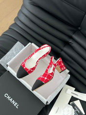 HIGH SLINGBACK IN CHERRY RED TWEED AND BLACK LAMBSKIN