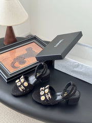HIGH SANDALS IN BLACK TWEED WITH LOGO STICKER DETAIL