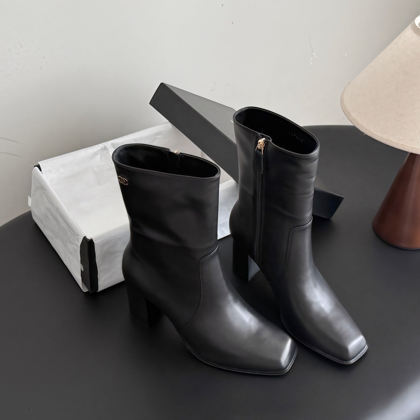 CHANEL 26S ANKLE BOOT 70 MM IN BLACK CALFSKIN SQUARE TOE