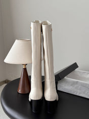 CHANEL 26S TALL BOOTS 70 MM IN CREAM WHITE CALFSKIN SQUARE TOE