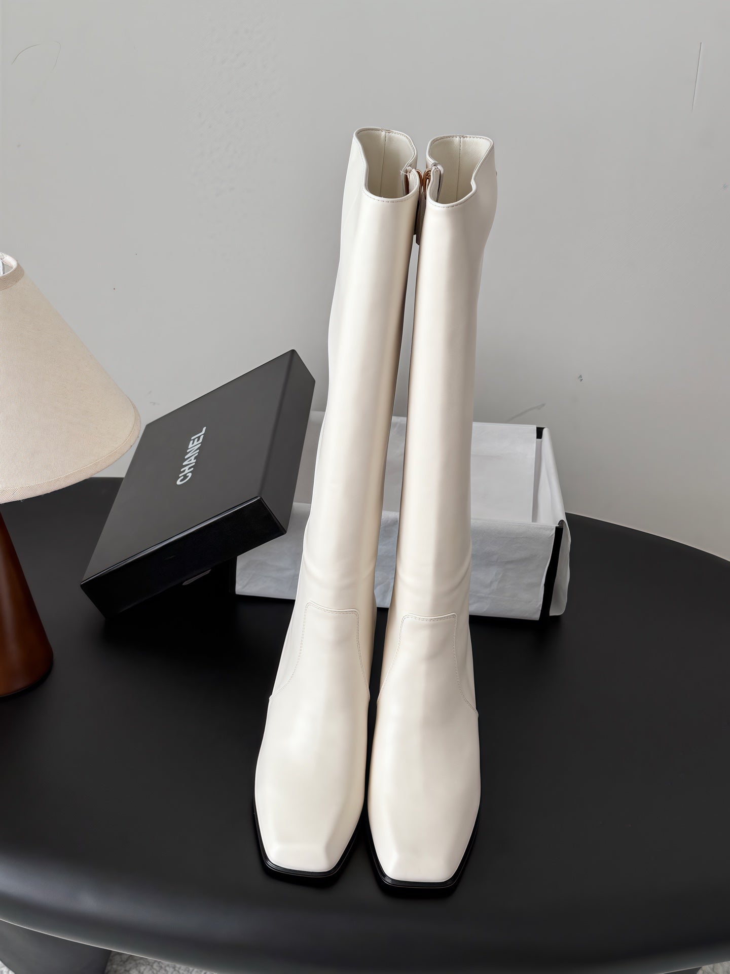 CHANEL 26S TALL BOOTS 70 MM IN CREAM WHITE CALFSKIN SQUARE TOE