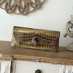 CHANEL 25S CLUTCH 30 IN METALLIC GOLD CROCODILE-EMBOSSED CALFSKIN