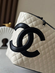 CHANEL 25S CAMBON LIGNE TOTE BAG 30 IN WHITE MIX BLACK CALFSKIN