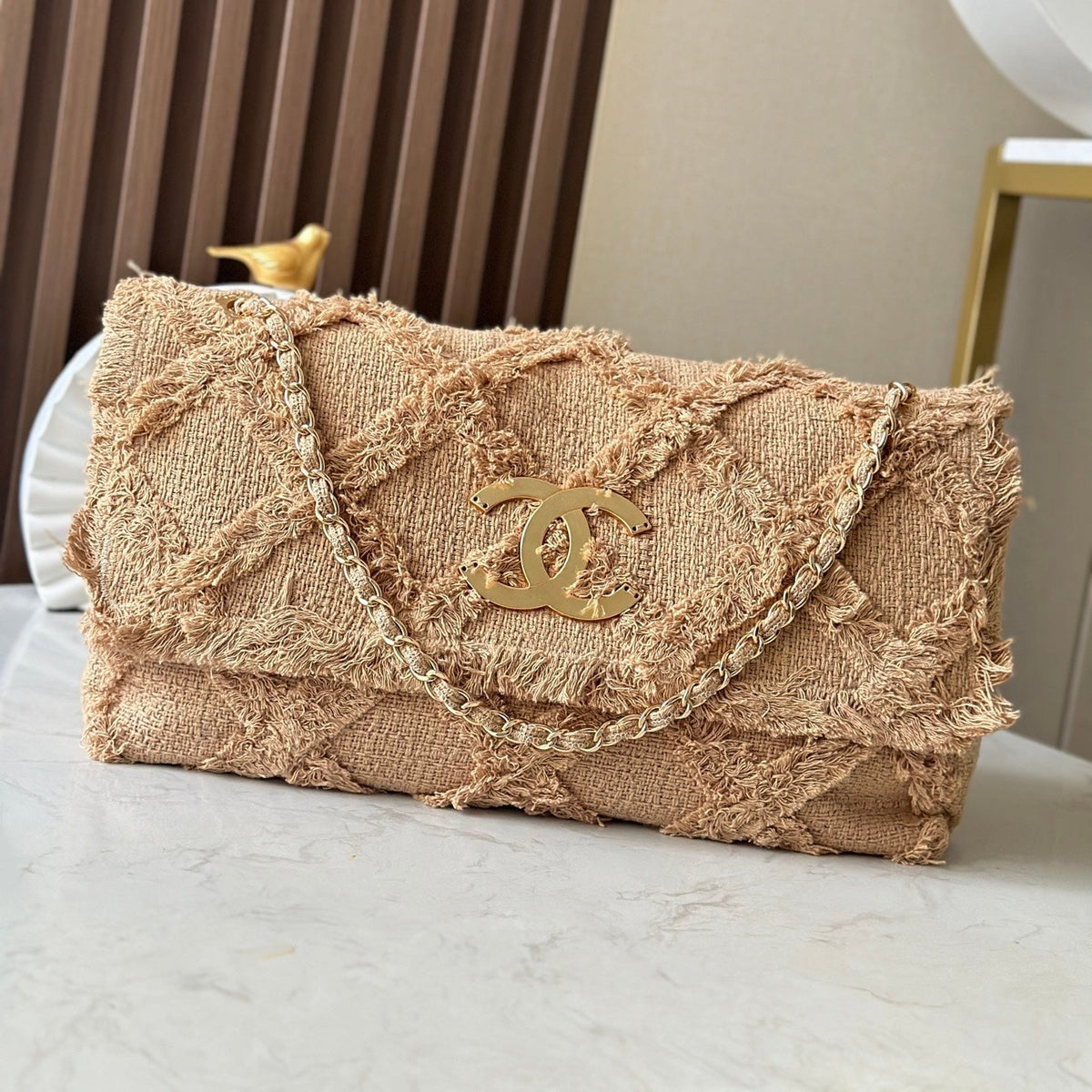 CHANEL 25S FLAP BAG 38 IN BEIGE FABRIC