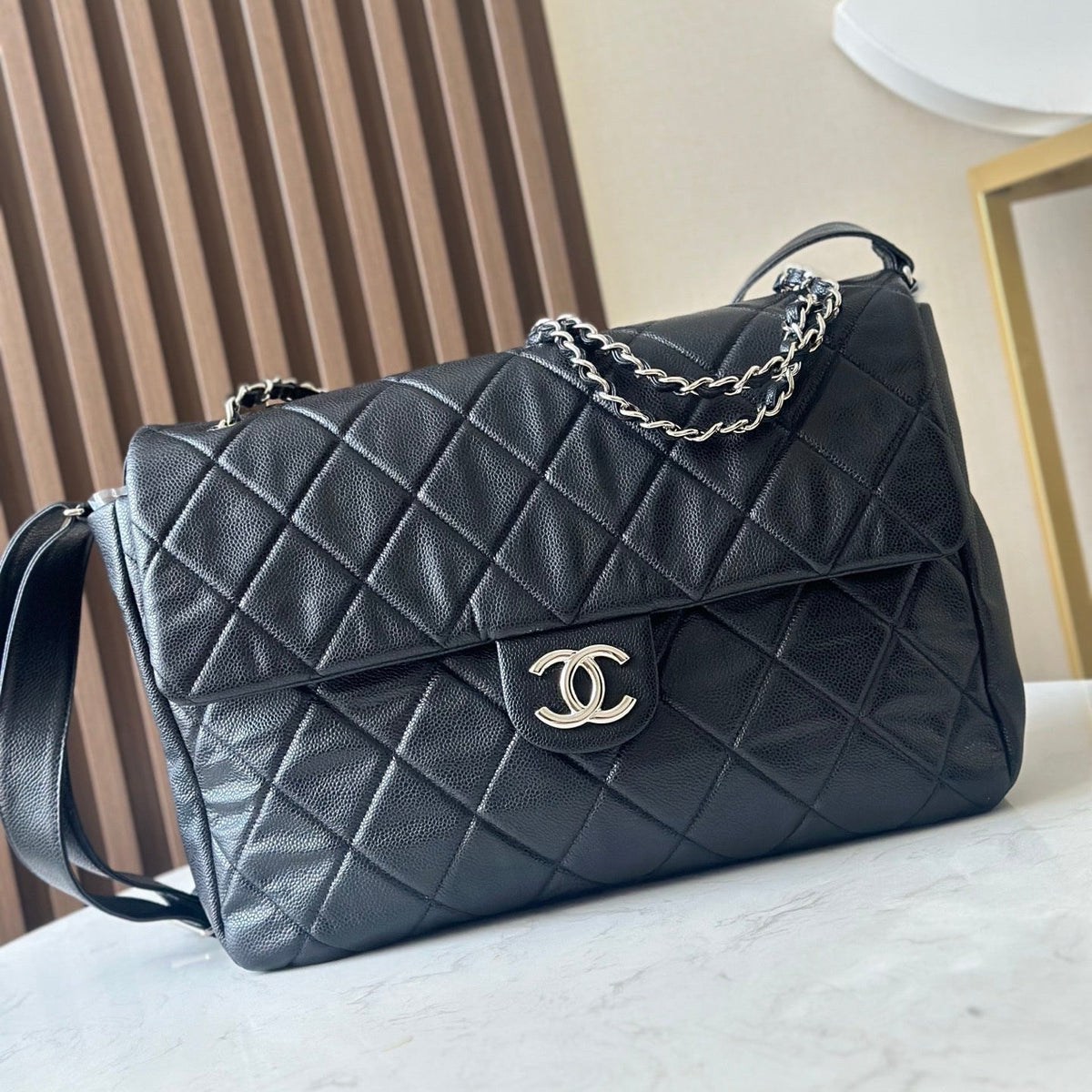 CHANEL 25S SHOULDER BAG 40 IN BLACK CAVIAR WITH SILVER HARDWARE