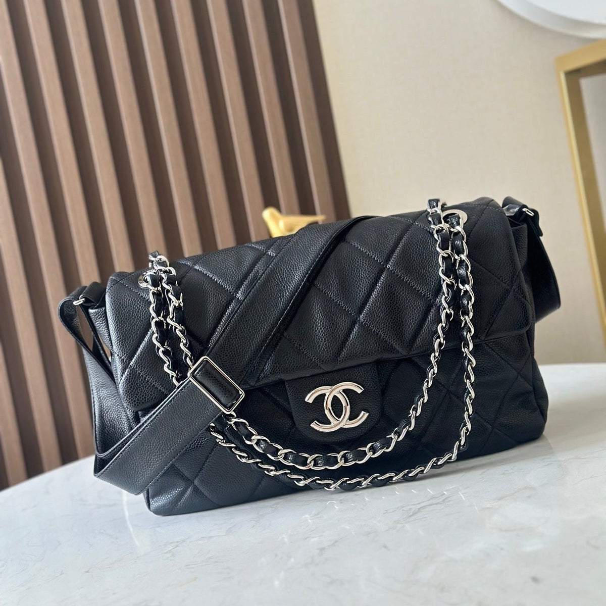 CHANEL 25S SHOULDER BAG 34 IN BLACK CAVIAR WITH SILVER HARDWARE