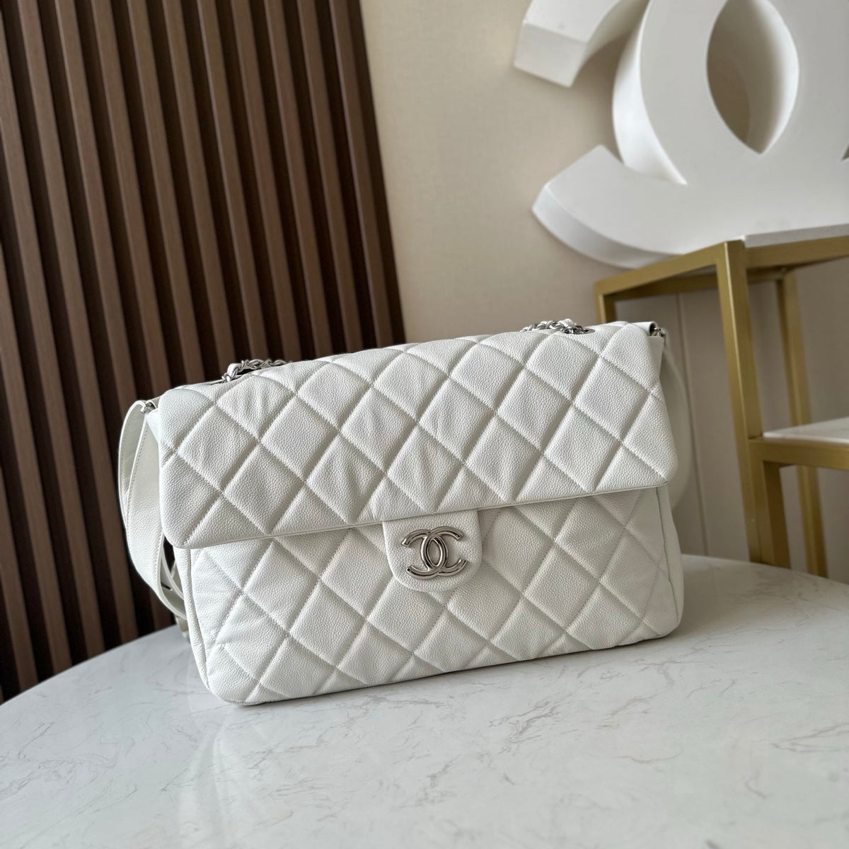 CHANEL 25S SHOULDER BAG 34 IN WHITE CAVIAR WITH SILVER HARDWARE