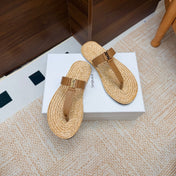 YSL 26S THONG SLIDES IN BEIGE RAFFIA AND LIGHT BROWN CALFSKIN