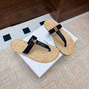 YSL 26S THONG SLIDES IN BEIGE RAFFIA AND BLACK CALFSKIN