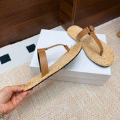 YSL 26S THONG SLIDES IN BEIGE RAFFIA AND LIGHT BROWN CALFSKIN