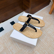 YSL 26S THONG SLIDES IN BEIGE RAFFIA AND BLACK CALFSKIN