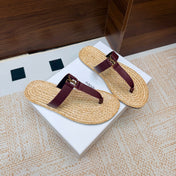 YSL 26S THONG SLIDES IN BEIGE RAFFIA AND WINE RED CALFSKIN